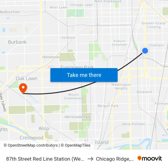 87th Street Red Line Station (West) to Chicago Ridge, IL map