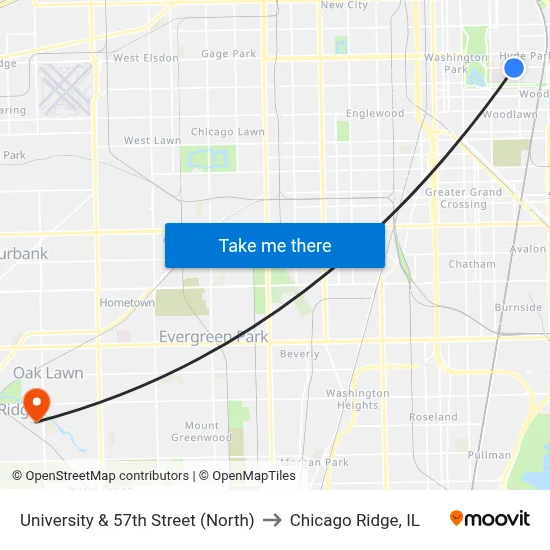 University & 57th Street (North) to Chicago Ridge, IL map