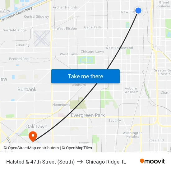 Halsted & 47th Street (South) to Chicago Ridge, IL map