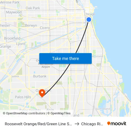 Roosevelt Orange/Red/Green Line Station (West) to Chicago Ridge, IL map