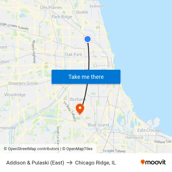 Addison & Pulaski (East) to Chicago Ridge, IL map