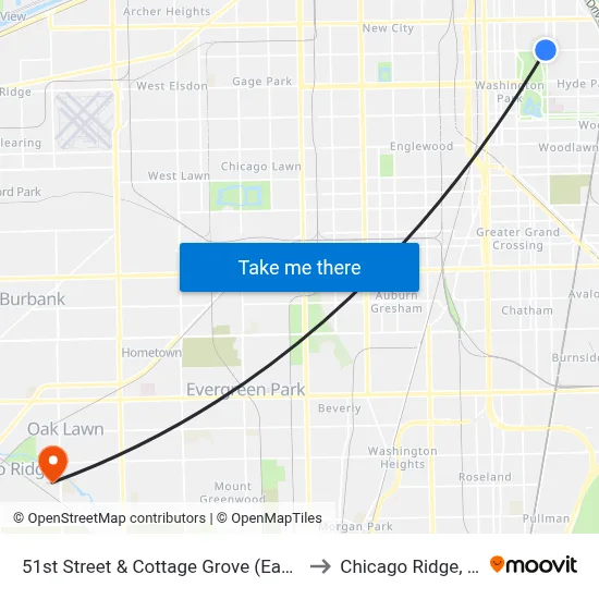 51st Street & Cottage Grove (East) to Chicago Ridge, IL map
