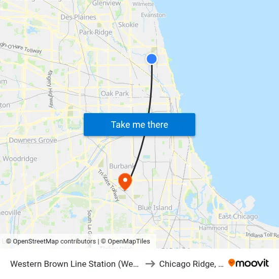 Western Brown Line Station (West) to Chicago Ridge, IL map