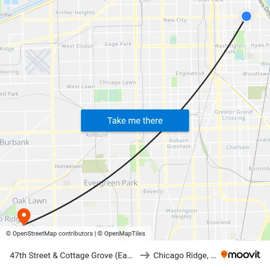 47th Street & Cottage Grove (East) to Chicago Ridge, IL map