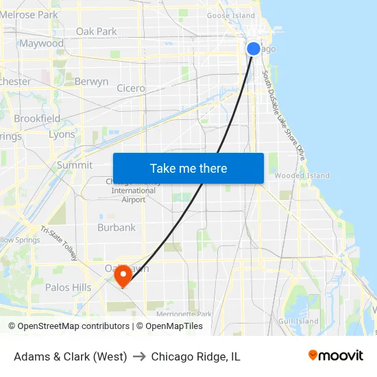 Adams & Clark (West) to Chicago Ridge, IL map