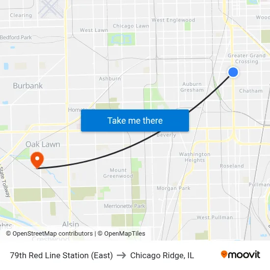 79th Red Line Station (East) to Chicago Ridge, IL map