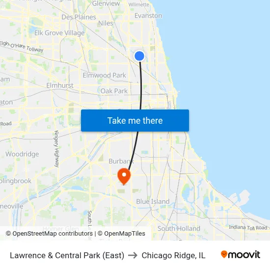 Lawrence & Central Park (East) to Chicago Ridge, IL map