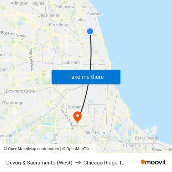 Devon & Sacramento (West) to Chicago Ridge, IL map