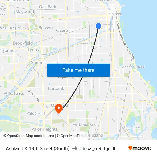 Ashland & 18th Street (South) to Chicago Ridge, IL map