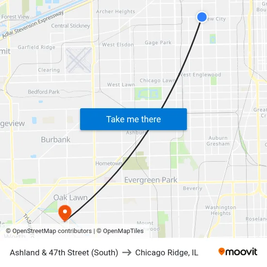 Ashland & 47th Street (South) to Chicago Ridge, IL map
