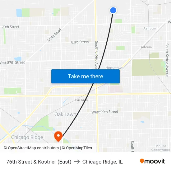 76th Street & Kostner (East) to Chicago Ridge, IL map