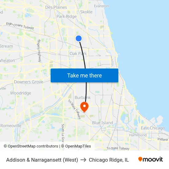 Addison & Narragansett (West) to Chicago Ridge, IL map