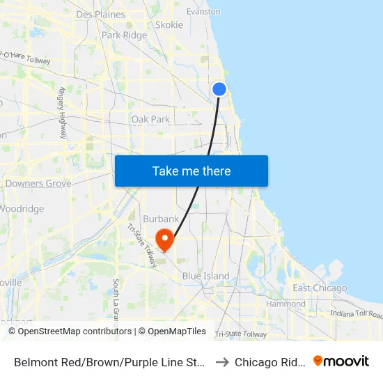 Belmont Red/Brown/Purple Line Station (East) to Chicago Ridge, IL map