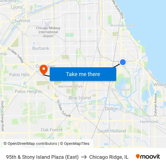95th & Stony Island Plaza (East) to Chicago Ridge, IL map