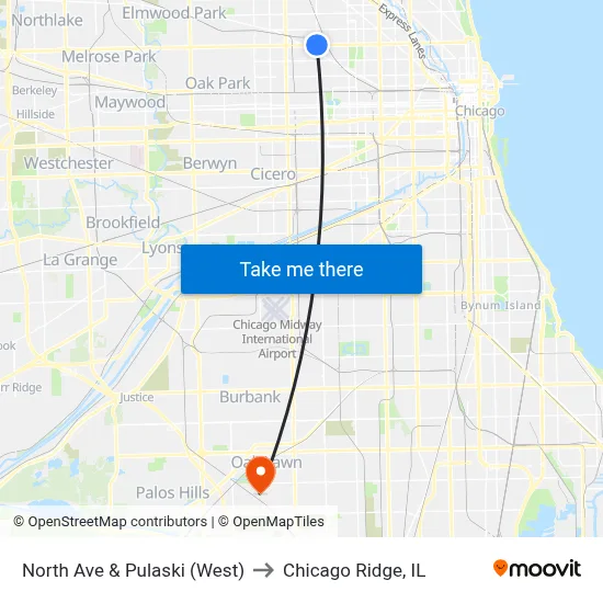 North Ave & Pulaski (West) to Chicago Ridge, IL map