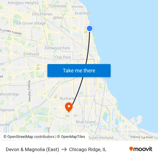 Devon & Magnolia (East) to Chicago Ridge, IL map