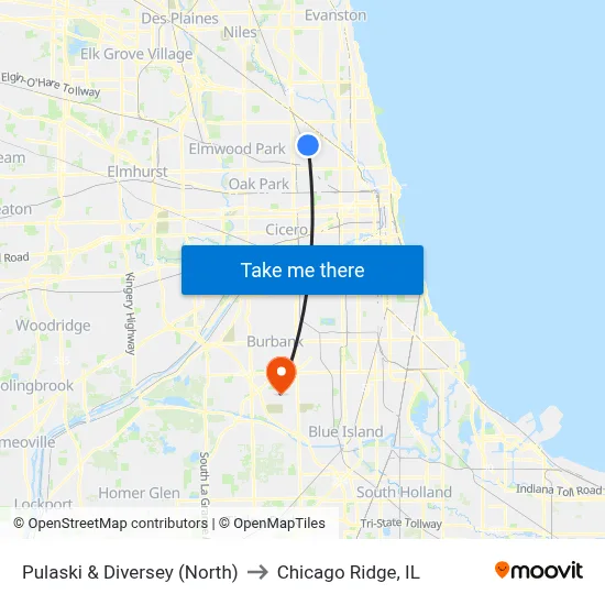 Pulaski & Diversey (North) to Chicago Ridge, IL map