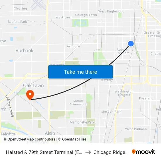 Halsted & 79th Street Terminal (East) to Chicago Ridge, IL map