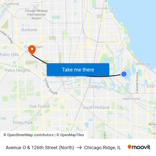 Avenue O & 126th Street (North) to Chicago Ridge, IL map