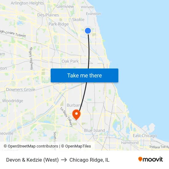 Devon & Kedzie (West) to Chicago Ridge, IL map