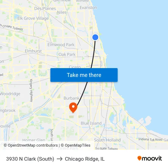3930 N Clark (South) to Chicago Ridge, IL map