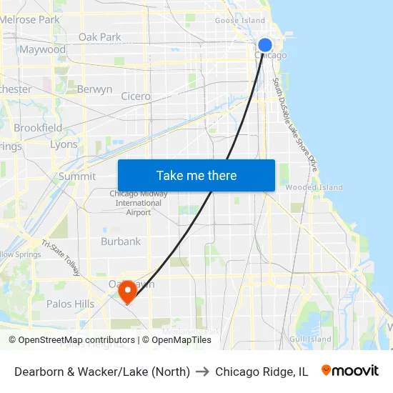 Dearborn & Wacker/Lake (North) to Chicago Ridge, IL map