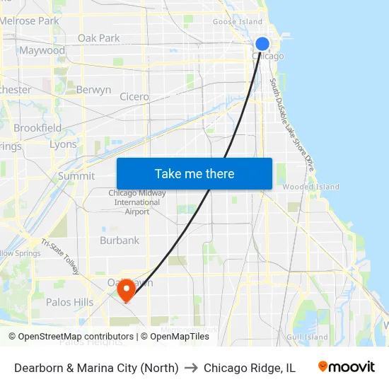 Dearborn & Marina City (North) to Chicago Ridge, IL map