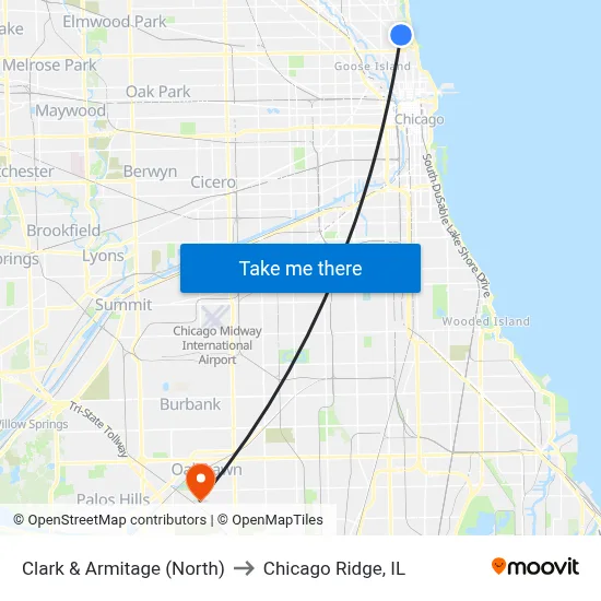 Clark & Armitage (North) to Chicago Ridge, IL map