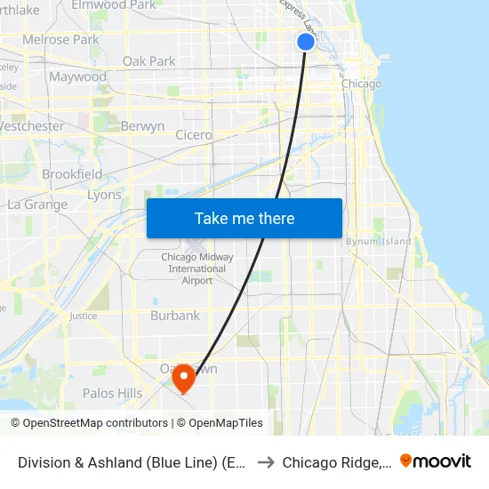 Division & Ashland (Blue Line) (East) to Chicago Ridge, IL map