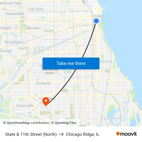 State & 11th Street (North) to Chicago Ridge, IL map
