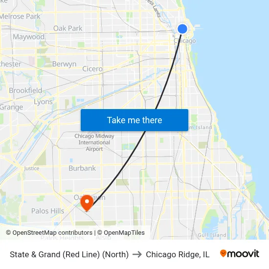 State & Grand (Red Line) (North) to Chicago Ridge, IL map