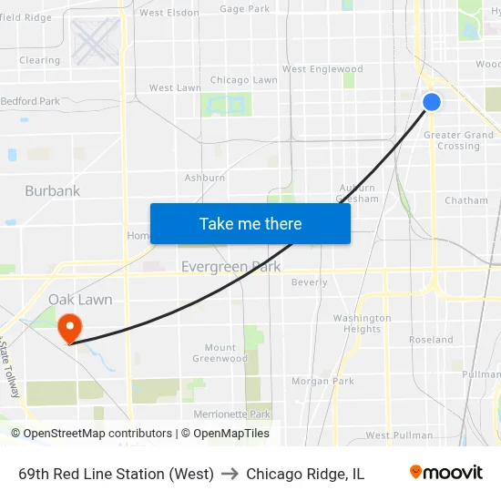 69th Red Line Station (West) to Chicago Ridge, IL map