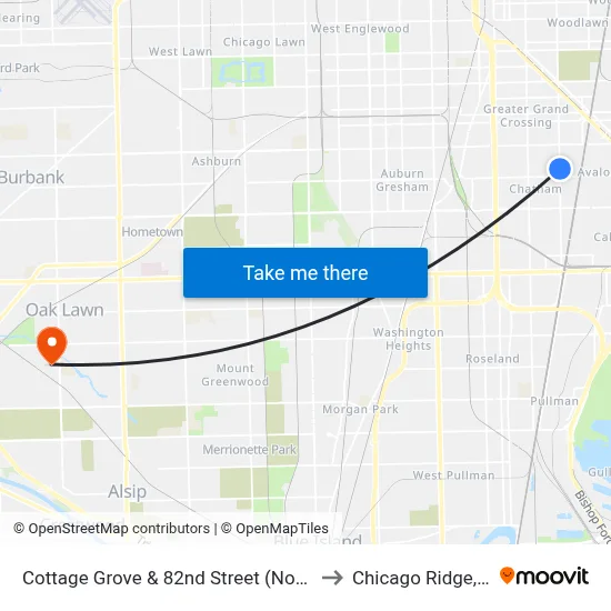 Cottage Grove & 82nd Street (North) to Chicago Ridge, IL map
