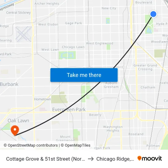Cottage Grove & 51st Street (North) to Chicago Ridge, IL map