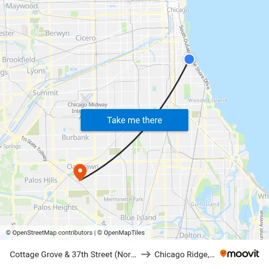 Cottage Grove & 37th Street (North) to Chicago Ridge, IL map
