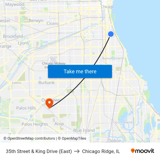 35th Street & King Drive (East) to Chicago Ridge, IL map