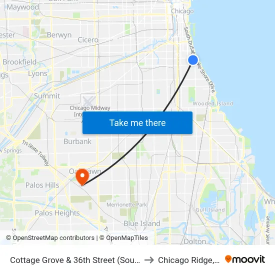 Cottage Grove & 36th Street (South) to Chicago Ridge, IL map