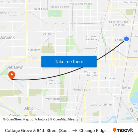 Cottage Grove & 84th Street (South) to Chicago Ridge, IL map