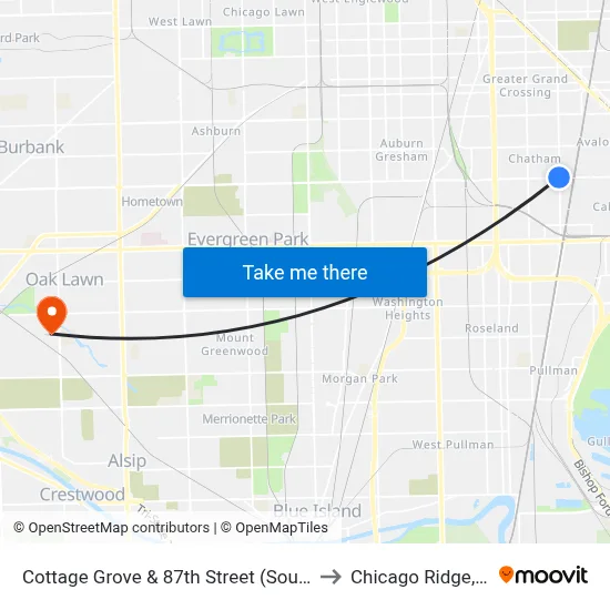 Cottage Grove & 87th Street (South) to Chicago Ridge, IL map