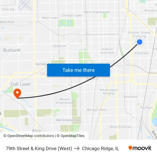 79th Street & King Drive (West) to Chicago Ridge, IL map