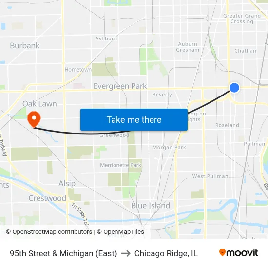 95th Street & Michigan (East) to Chicago Ridge, IL map