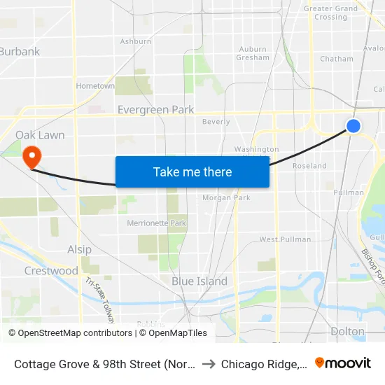 Cottage Grove & 98th Street (North) to Chicago Ridge, IL map