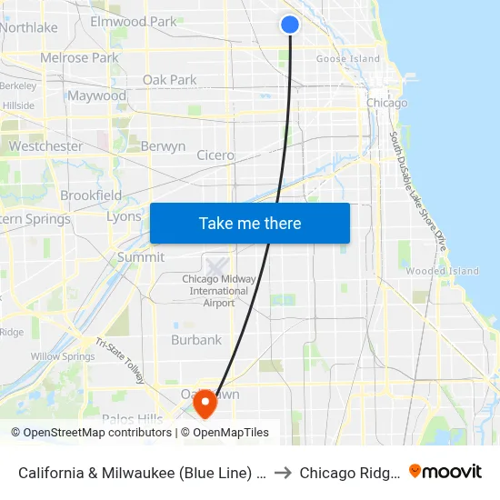 California & Milwaukee (Blue Line) (South) to Chicago Ridge, IL map