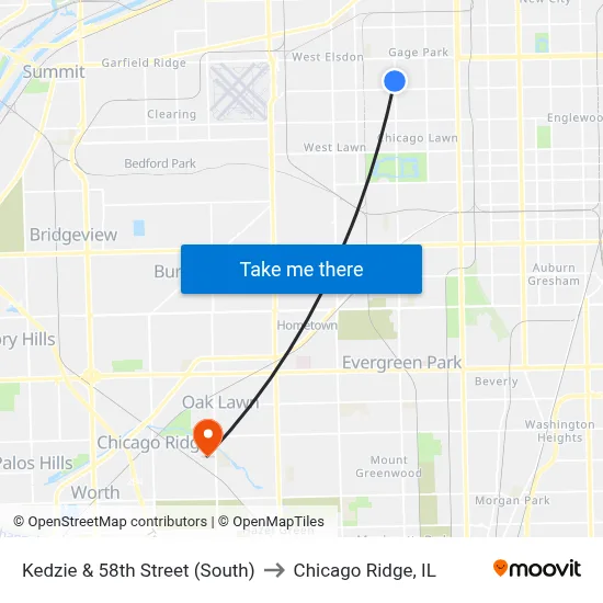 Kedzie & 58th Street (South) to Chicago Ridge, IL map