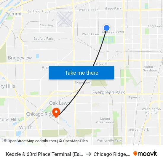 Kedzie & 63rd Place Terminal (East) to Chicago Ridge, IL map