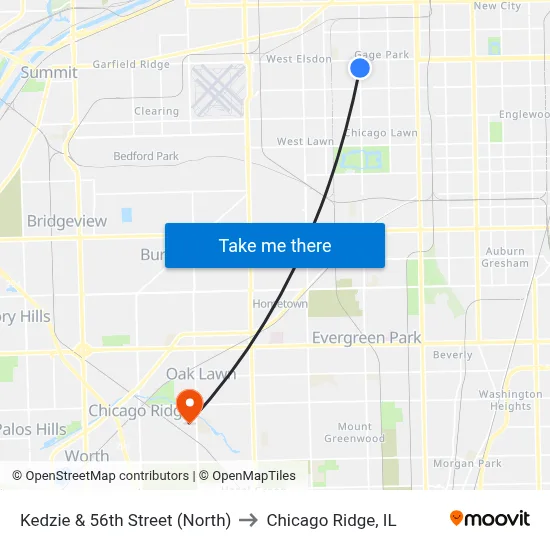 Kedzie & 56th Street (North) to Chicago Ridge, IL map