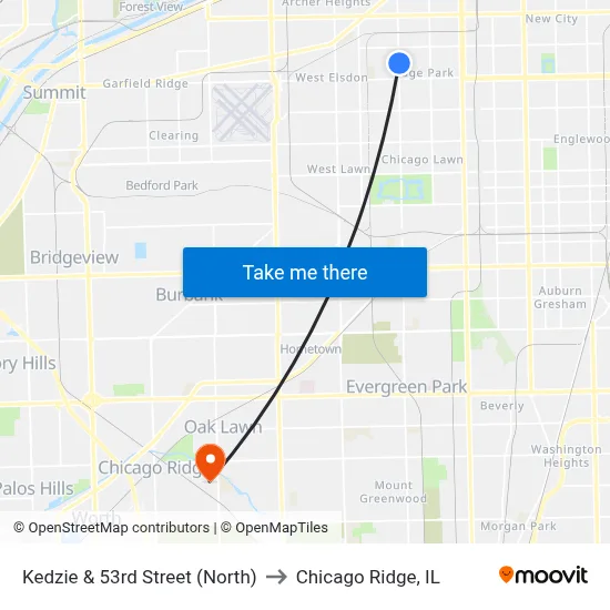 Kedzie & 53rd Street (North) to Chicago Ridge, IL map