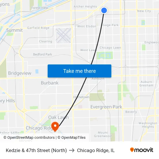Kedzie & 47th Street (North) to Chicago Ridge, IL map