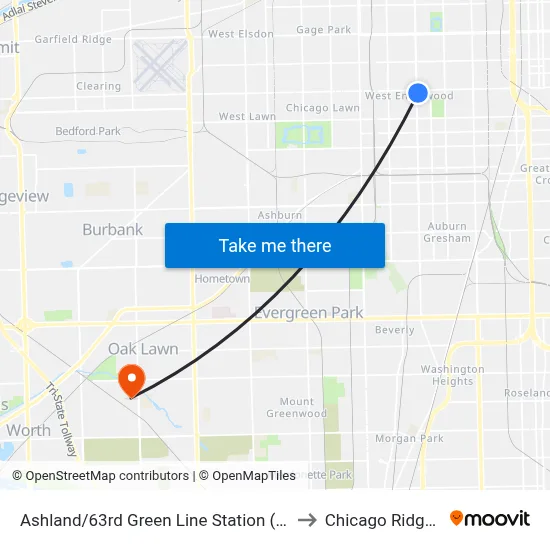 Ashland/63rd Green Line Station (West) to Chicago Ridge, IL map