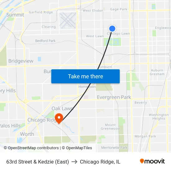 63rd Street & Kedzie (East) to Chicago Ridge, IL map